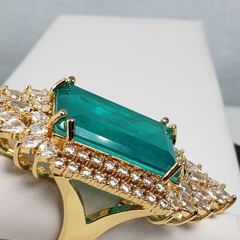 Signed Princess Doublet Natural Emerald with CZ 18KGL Size 9 Cocktail Ring - Picture 10 of 16